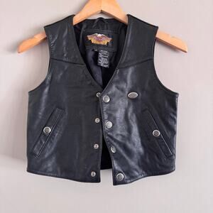 Harley Davidson Youth Black Leather Vest Snap Button Closure Childs Size Medium
